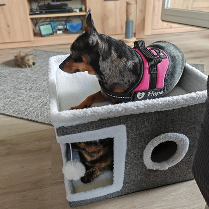 4-Season Multi-Level Cat House - Indoor  Foldable Design, Scratching Board & Non-Slip Base 30LB Capacity, Warm Cat Bed
