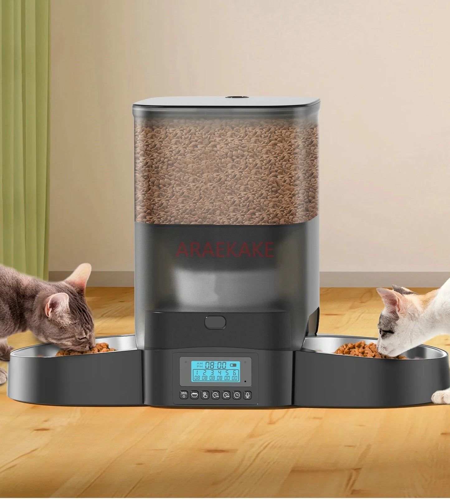 Two cat  food dispenser with slow feeding bowl, programmable timed cat feeder, dual power supply