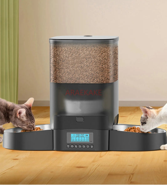 Two cat  food dispenser with slow feeding bowl, programmable timed cat feeder, dual power supply