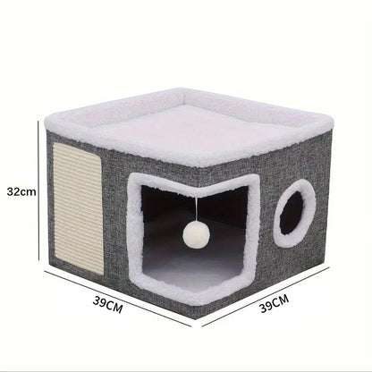 4-Season Multi-Level Cat House - Indoor  Foldable Design, Scratching Board & Non-Slip Base 30LB Capacity, Warm Cat Bed