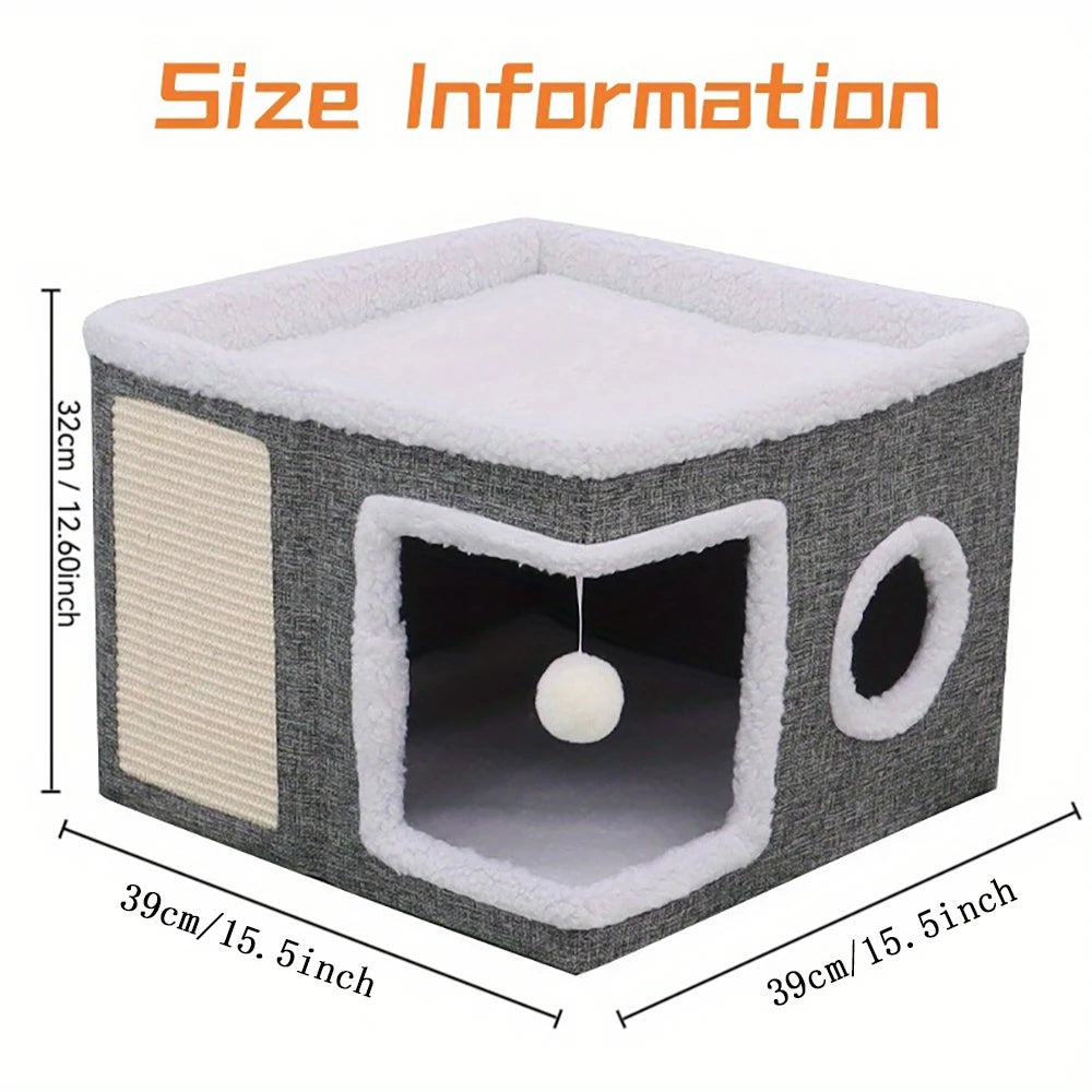 4-Season Multi-Level Cat House - Indoor  Foldable Design, Scratching Board & Non-Slip Base 30LB Capacity, Warm Cat Bed