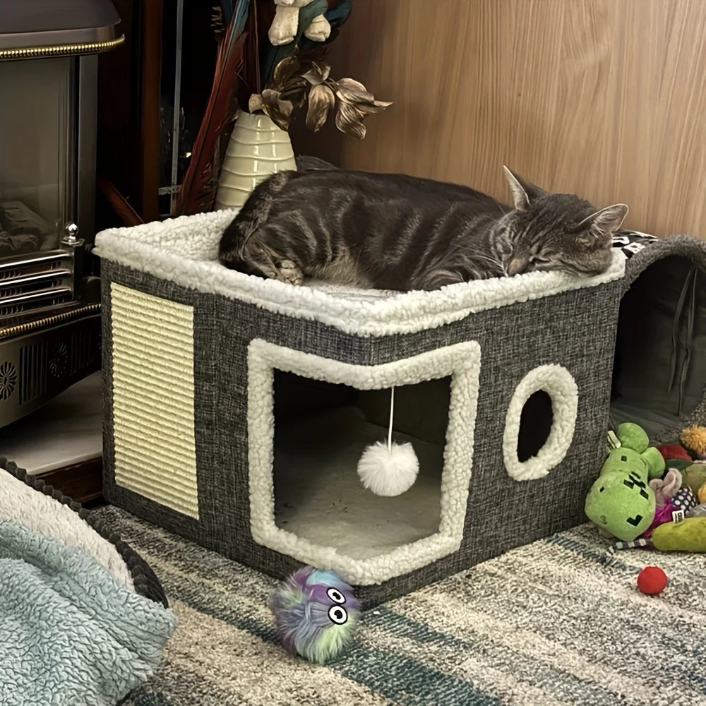 4-Season Multi-Level Cat House - Indoor  Foldable Design, Scratching Board & Non-Slip Base 30LB Capacity, Warm Cat Bed