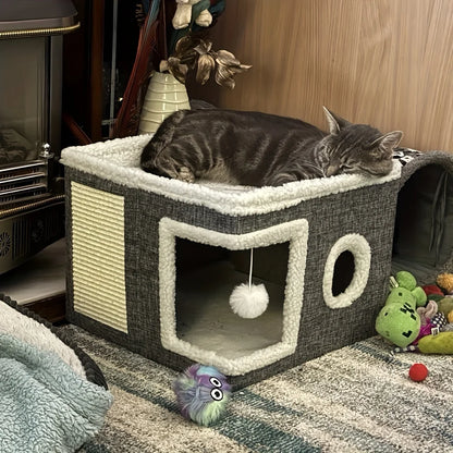 4-Season Multi-Level Cat House - Indoor  Foldable Design, Scratching Board & Non-Slip Base 30LB Capacity, Warm Cat Bed