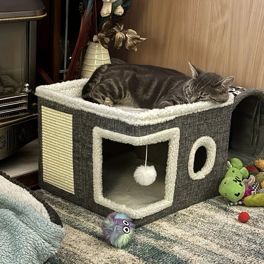 4-Season Multi-Level Cat House - Indoor  Foldable Design, Scratching Board & Non-Slip Base 30LB Capacity, Warm Cat Bed
