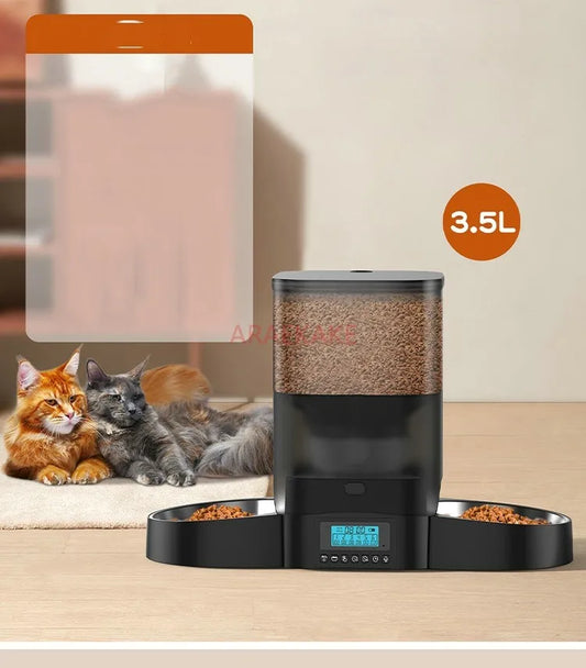 Two cat food dispenser with slow feeding bowl, programmable timed cat feeder, dual power supply
