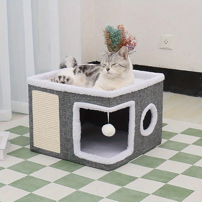 4-Season Multi-Level Cat House - Indoor  Foldable Design, Scratching Board & Non-Slip Base 30LB Capacity, Warm Cat Bed