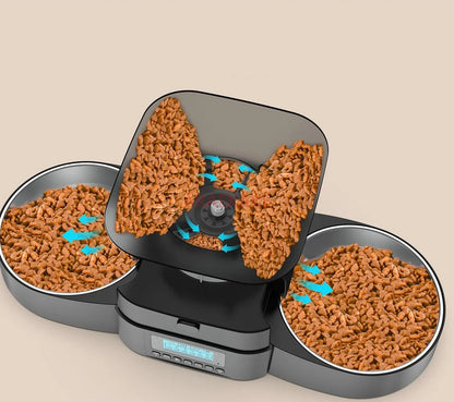 Two cat  food dispenser with slow feeding bowl, programmable timed cat feeder, dual power supply