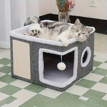 4-Season Multi-Level Cat House - Indoor  Foldable Design, Scratching Board & Non-Slip Base 30LB Capacity, Warm Cat Bed