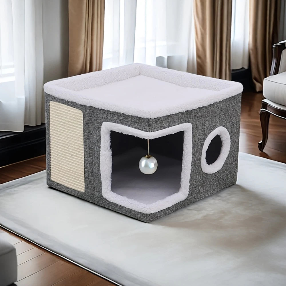 4-Season Multi-Level Cat House - Indoor  Foldable Design, Scratching Board & Non-Slip Base 30LB Capacity, Warm Cat Bed
